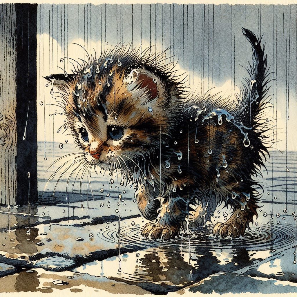 Charming Wet Kitten in Japanese Art Style