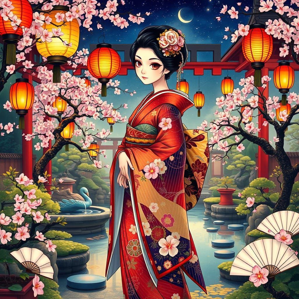 Traditional Japanese Geisha in a Whimsical Garden