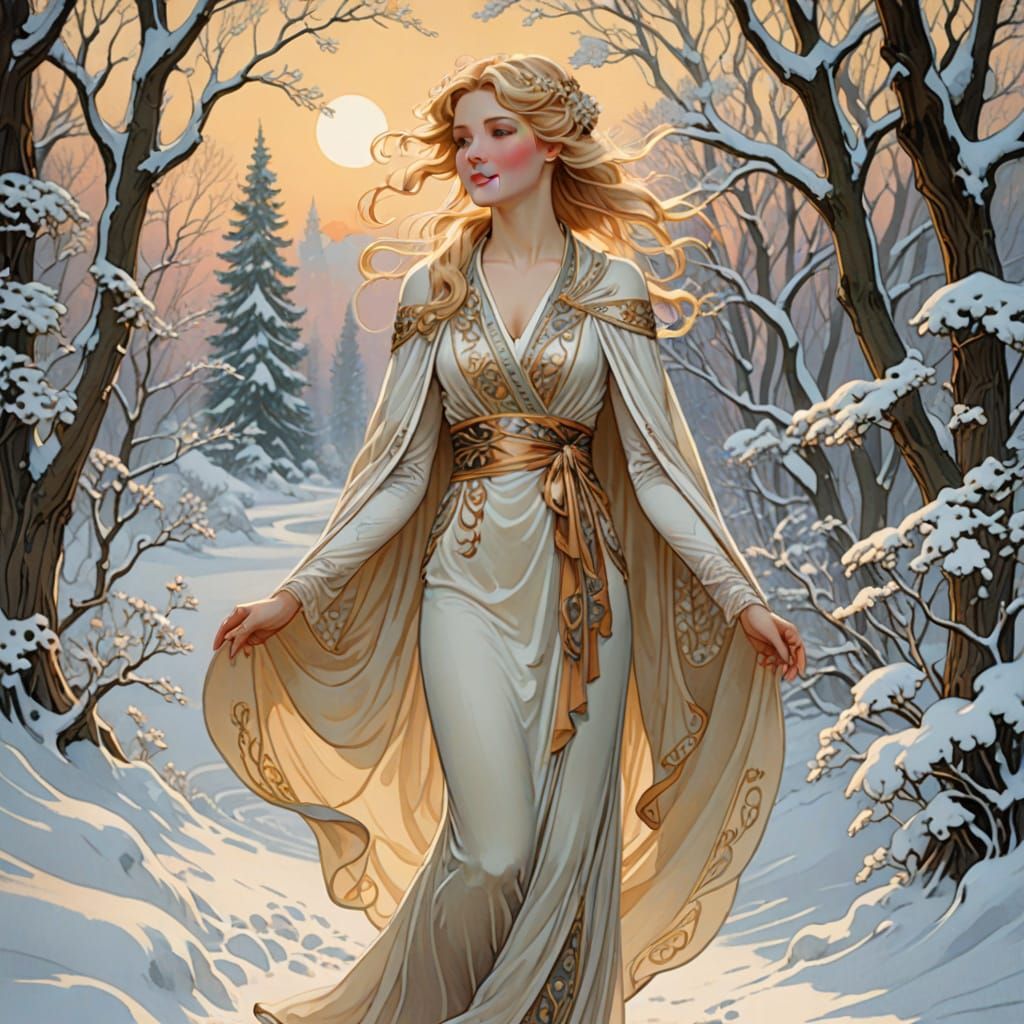 Art Nouveau Woman in Snowy Landscape