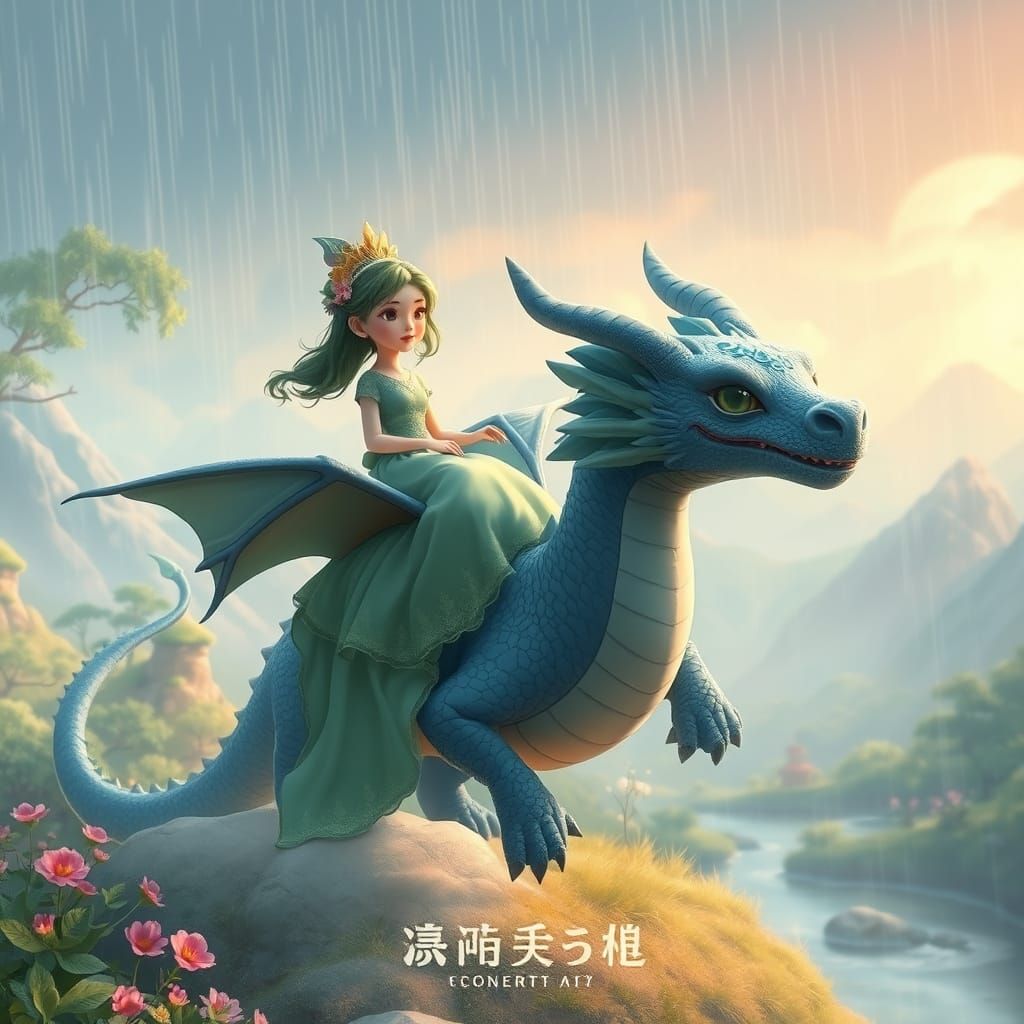 Asian Woman on Blue Dragon in Ghibli Forest