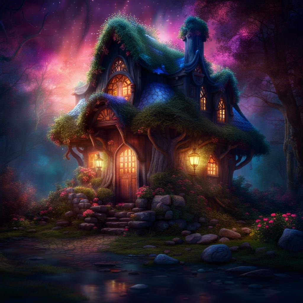 Enchanted Cottage in the Woods at Night