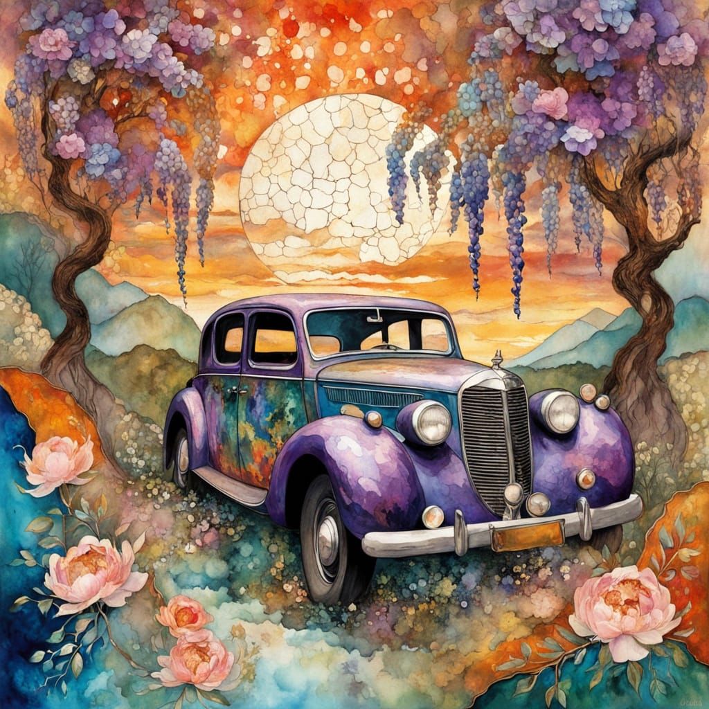 Vintage Car with Flowers in Impressionist Style