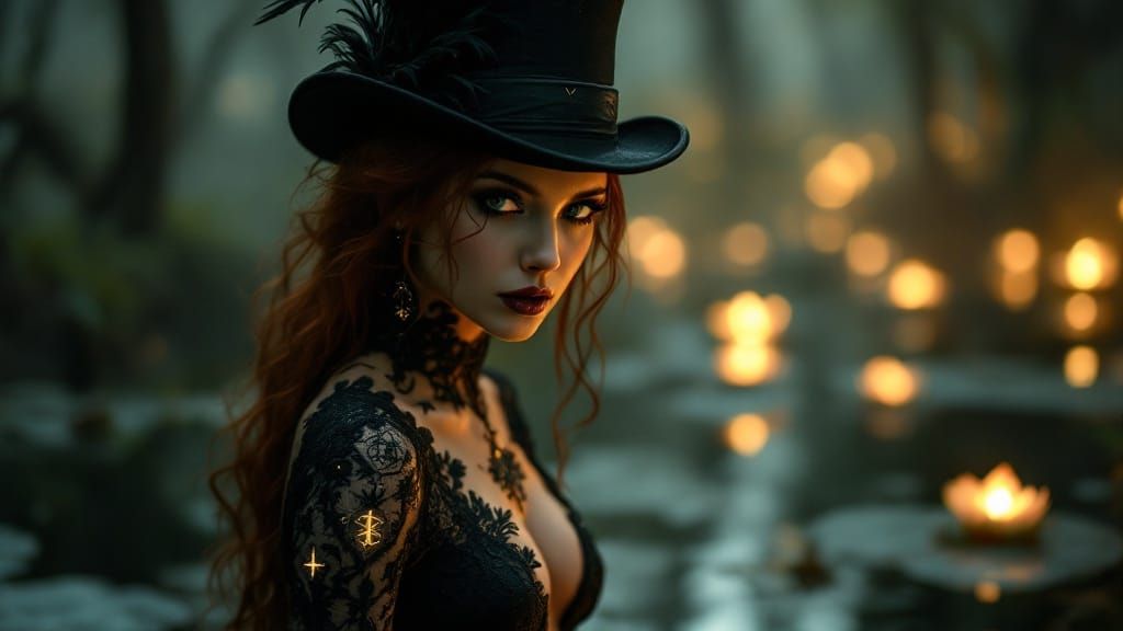 Mysterious Woman in Ember-Hued Bodysuit, Feathers and Occult...