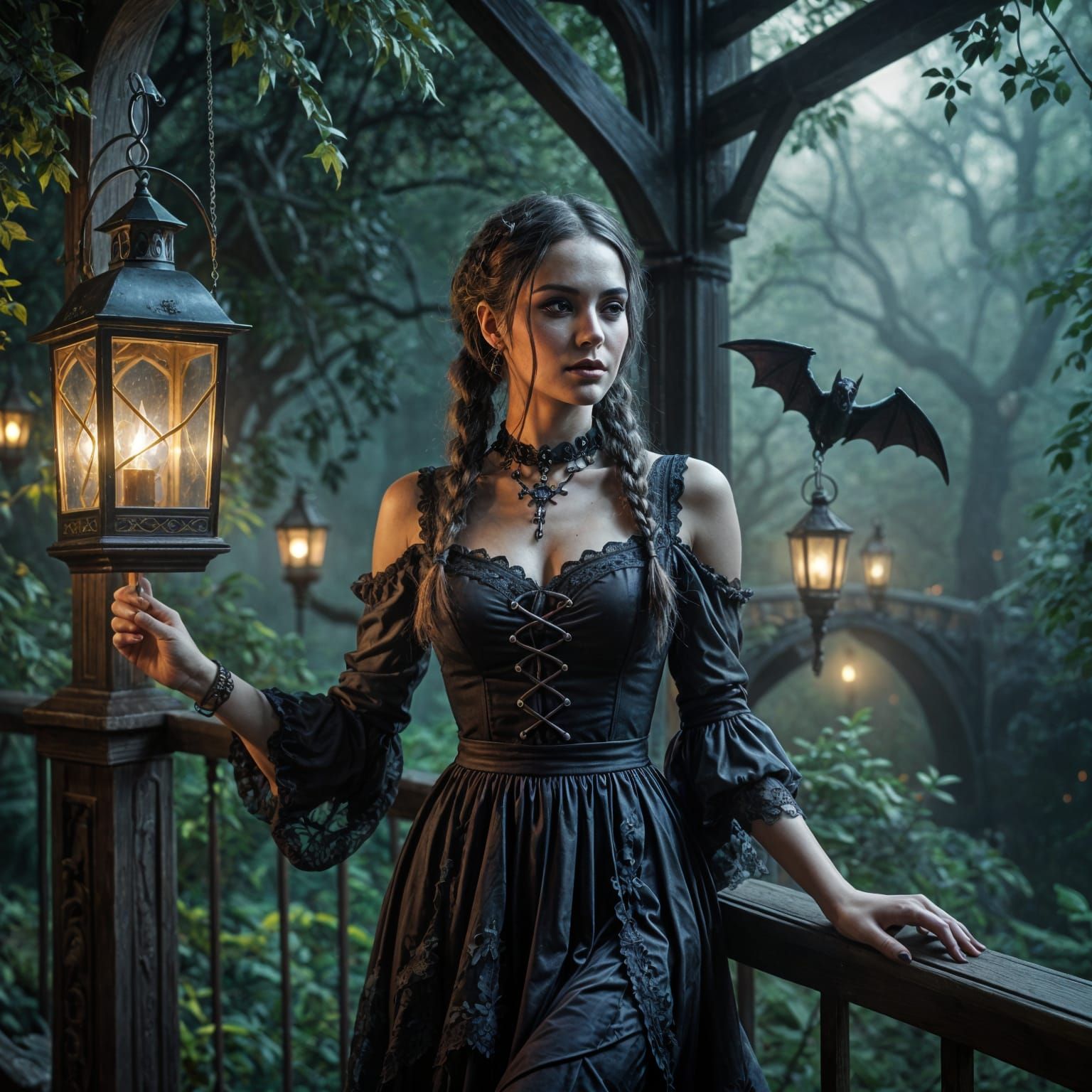 Gothic Woman Airbrush Oil Painting in Vibrant Colors