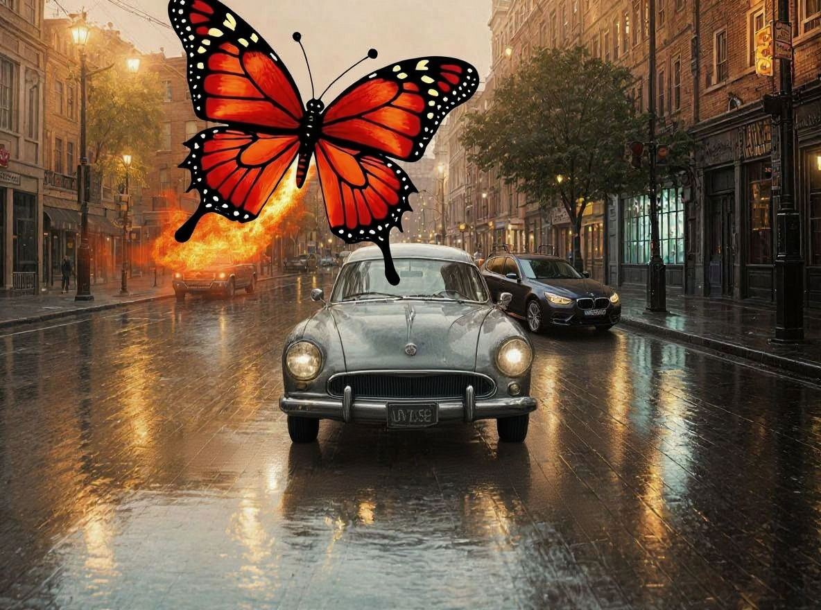 Rainy Street Scene with American Architecture and Streetligh...