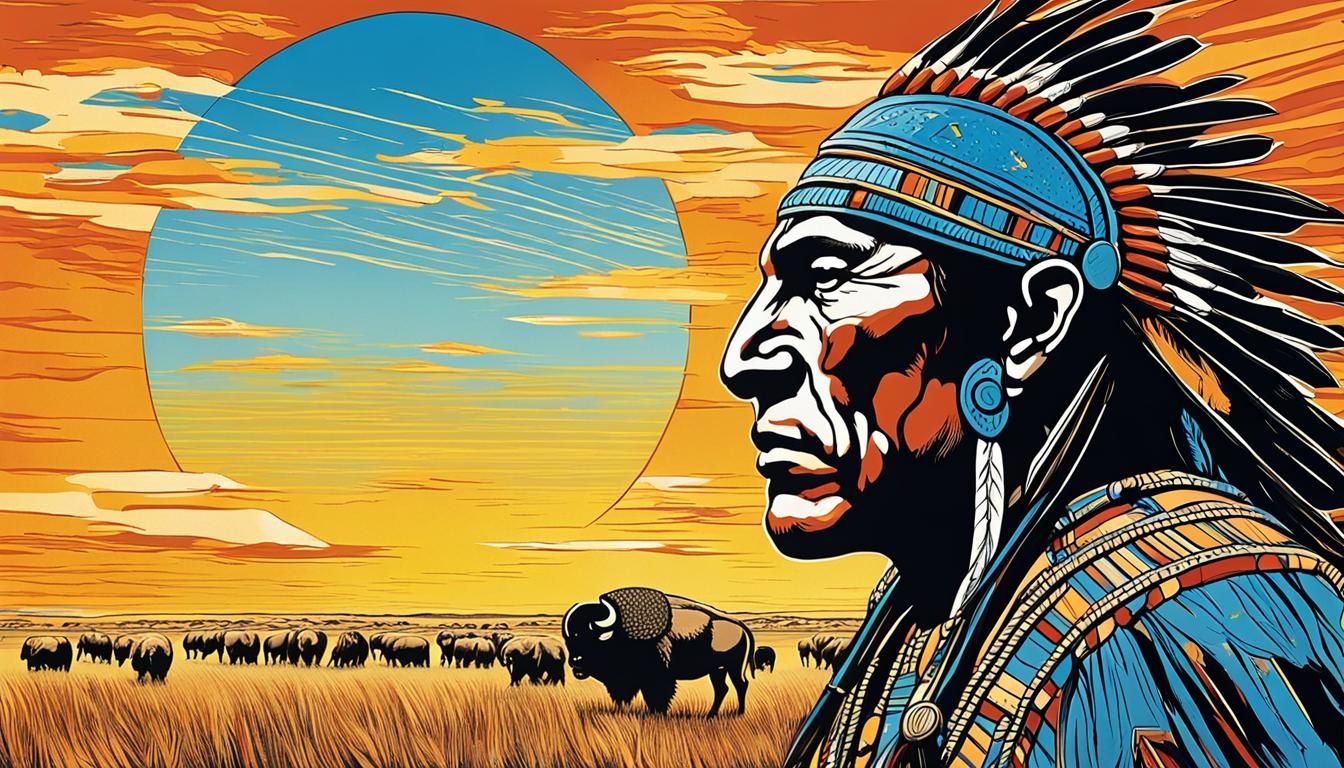 Cheyenne Warrior with Buffalo on Plains: Abstract Art