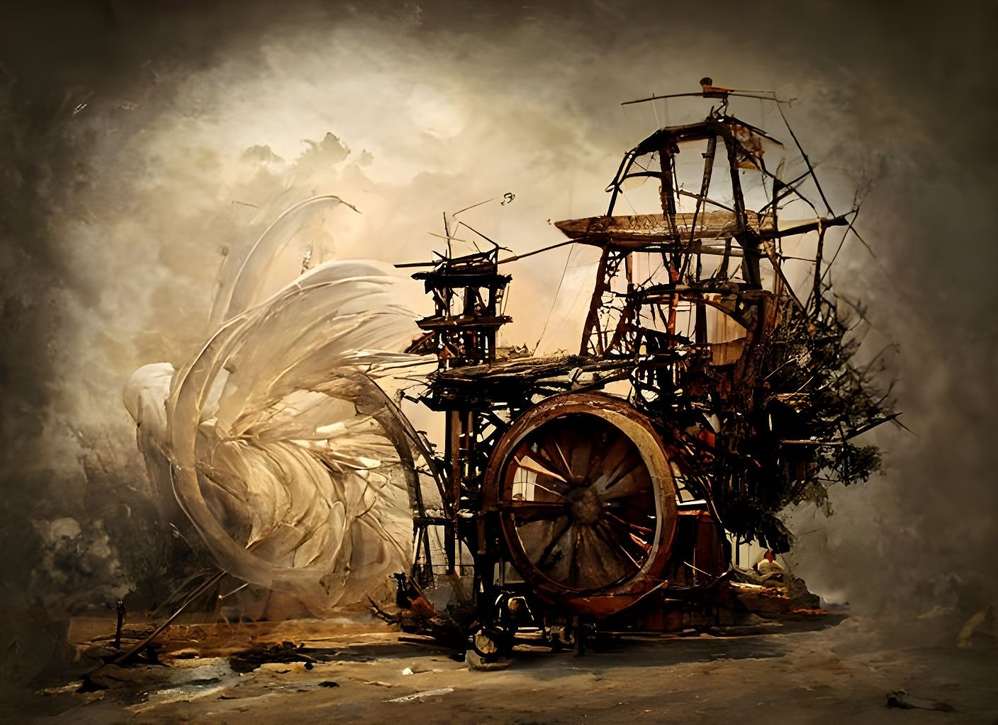 Intricate Windpunk Machine in Detailed Landscape Painting