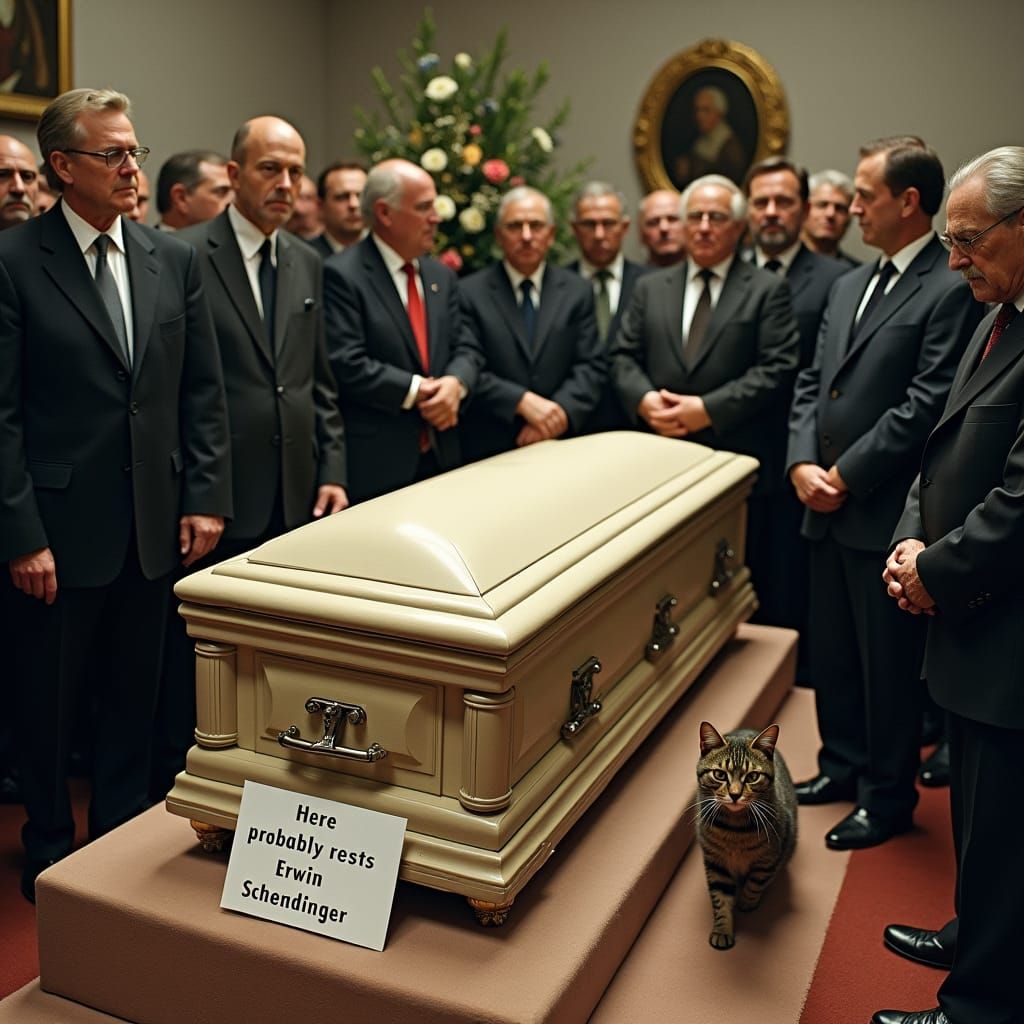 Schrödinger's Funeral: A Humorous and Surreal Scene