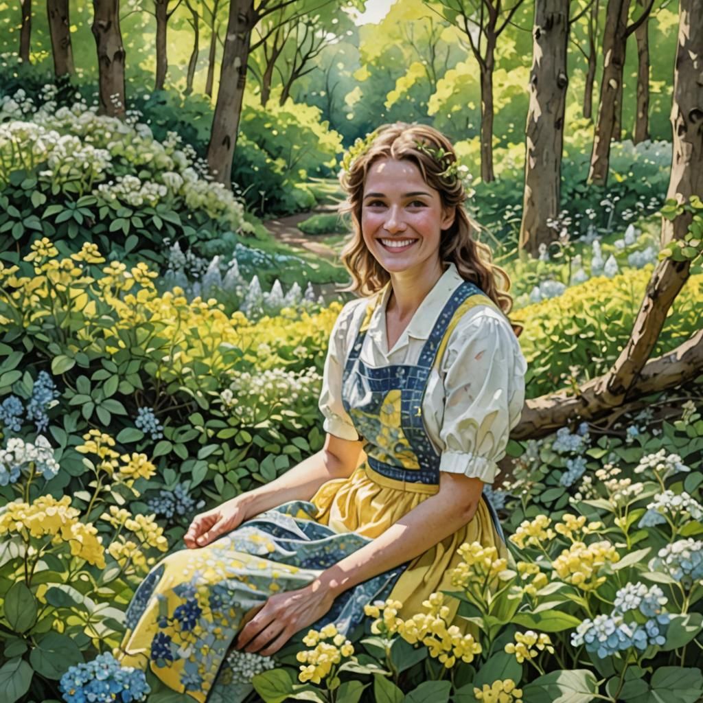 Woman in Flower Garden: Watercolor Mixed Media Mosaic