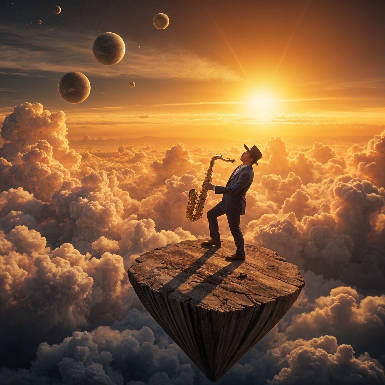 Jazz Musician on Floating Island in Hyperrealistic Style