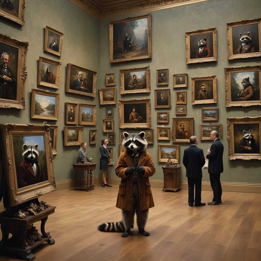 Raccoon's Artful Intrusion: Realism in Art Gallery