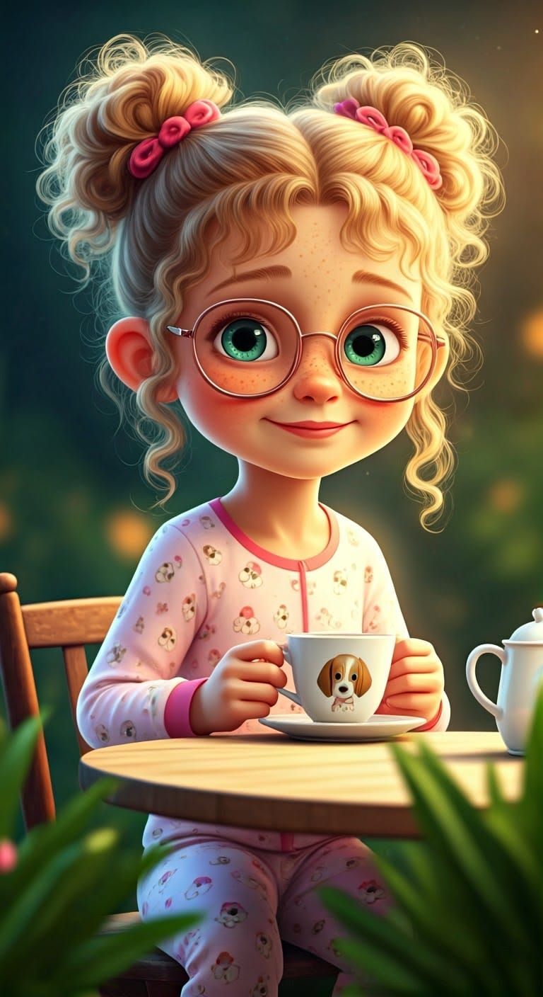 Girl with Puppy Pajamas in Watercolor Digital Art