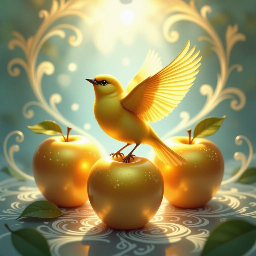 Golden Bird and Apples in Ethereal Light
