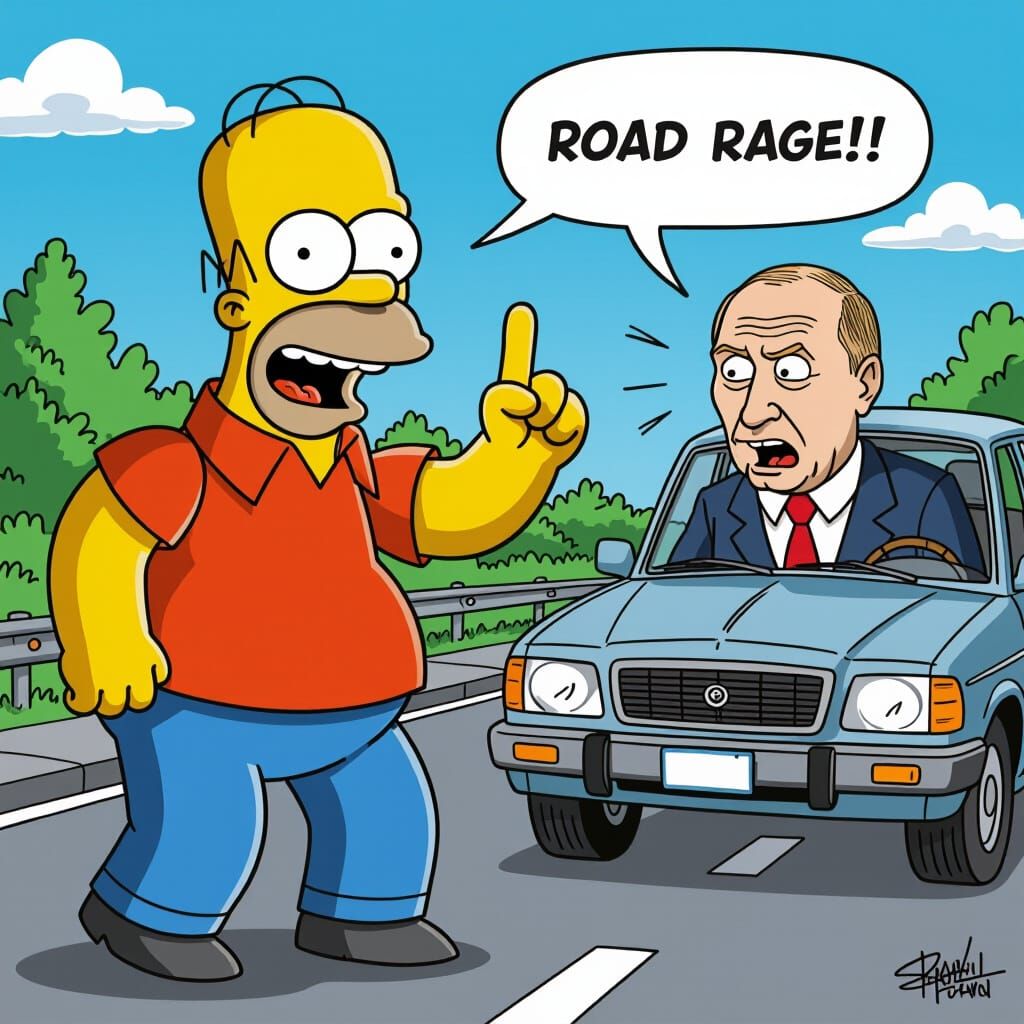 Homer Simpson Road Rage: Putin's Shock in Steadman Style