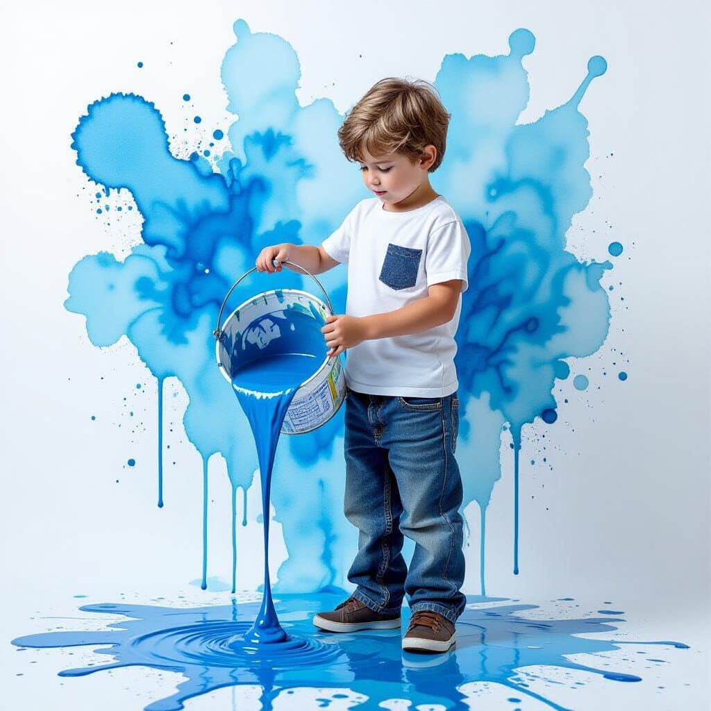 Boy Pours Blue Paint, Dynamic Splashes in Watercolor Style