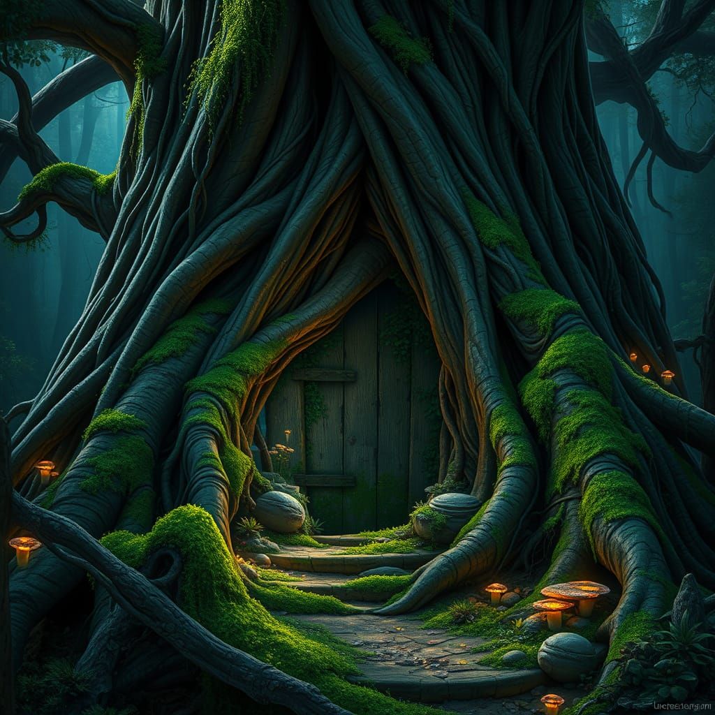 Enchanted Forest: Ancient Door in Giant Tree Roots