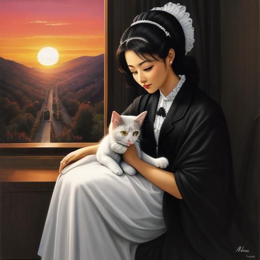 Monochromatic Lady with Kitten at Sunset