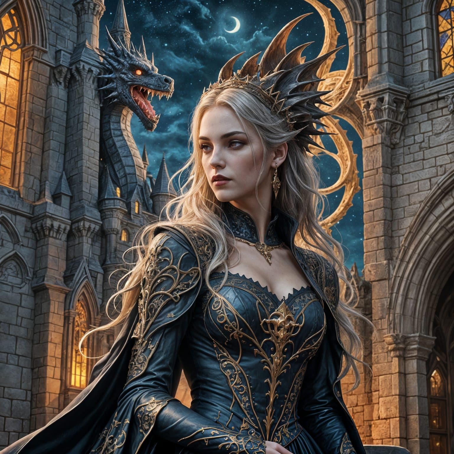 Gothic Vampire Girl in Dragon Castle, Detailed Painting