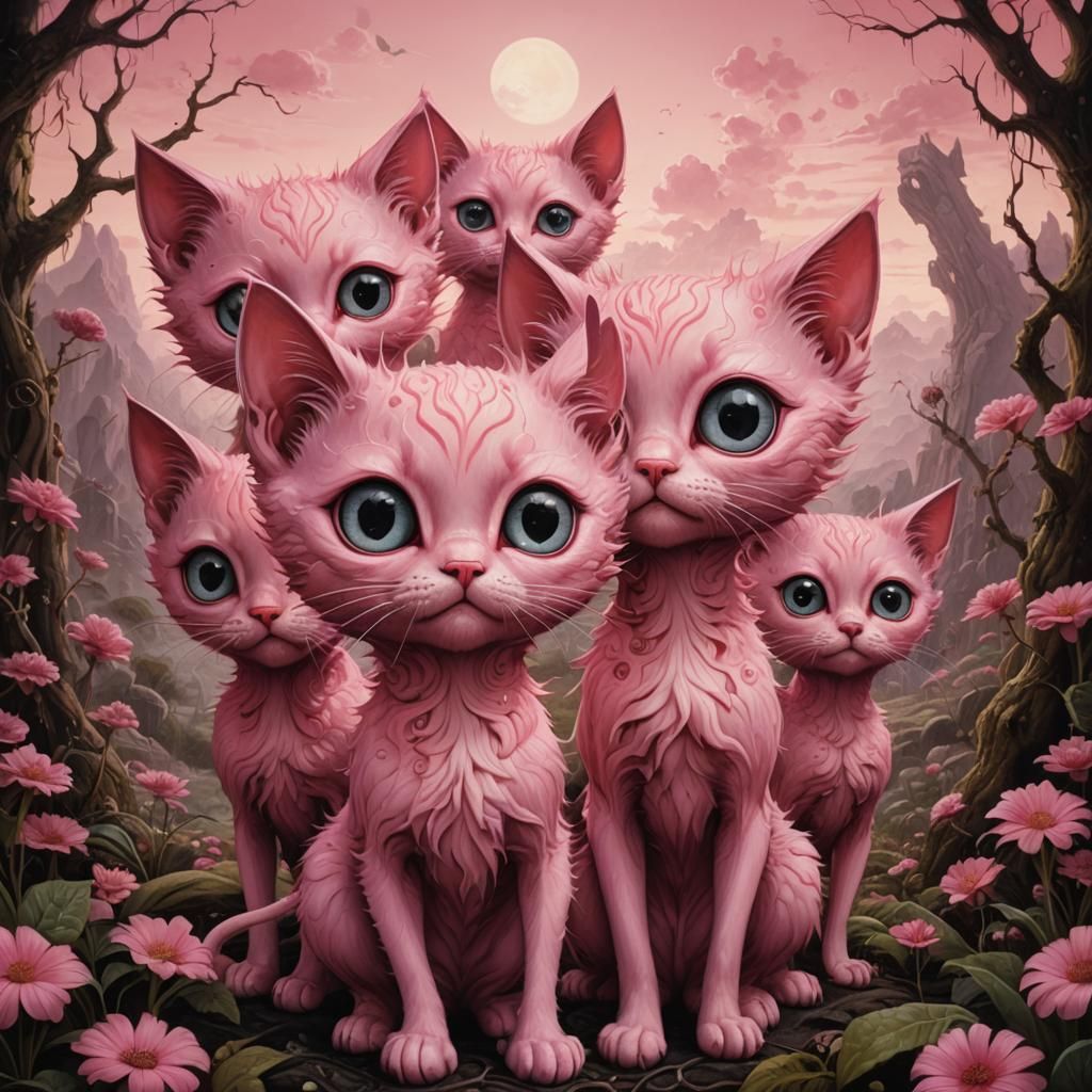 Pink Kitten with Androgynes in Detailed Fractal Style