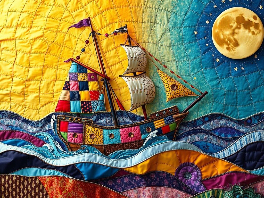 Stunning Patchwork Ship Sails Through Vibrant Celestial Seas...