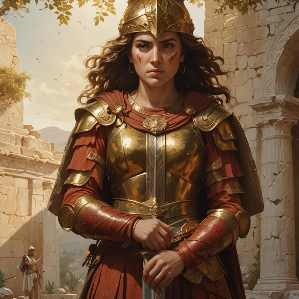 Athena in Golden Armor Amidst Greek Ruins