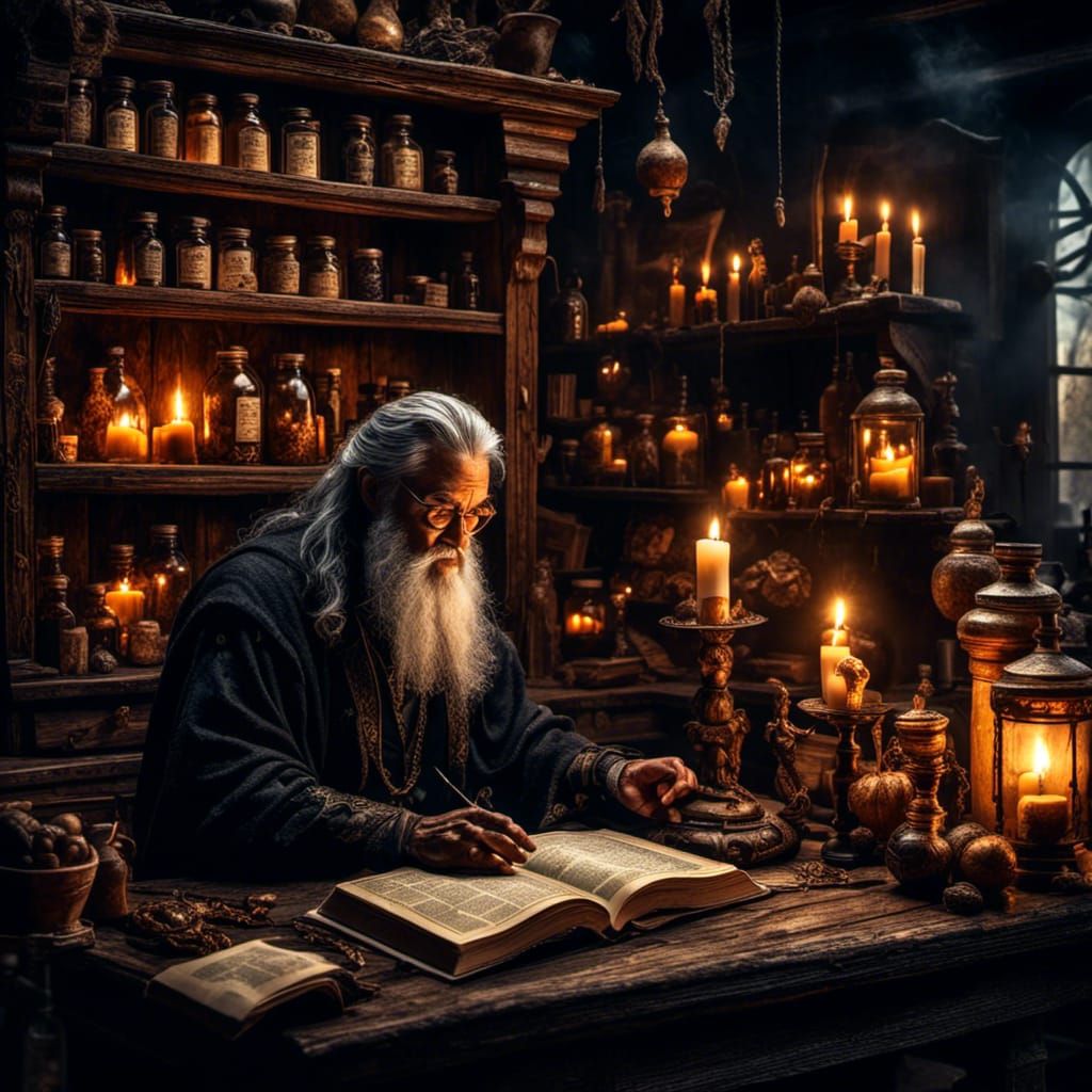 Mystical Wizard in Dark Fantasy Apothecary