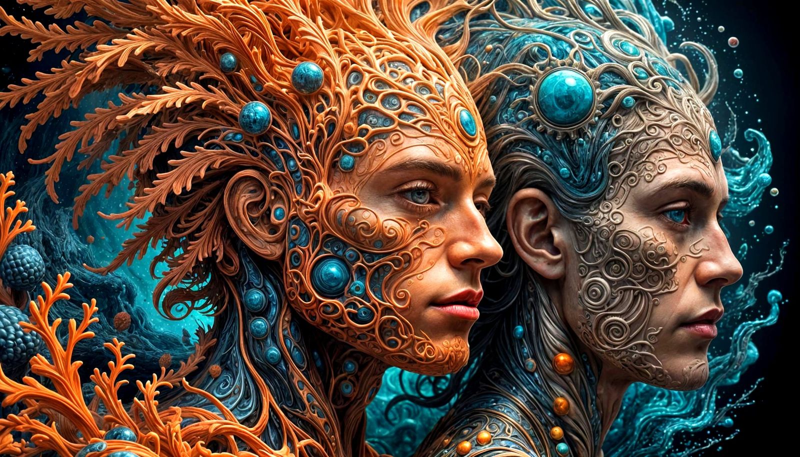 Epic Dieselpunk Landscape with Vibrant Coral Reef and Brain...