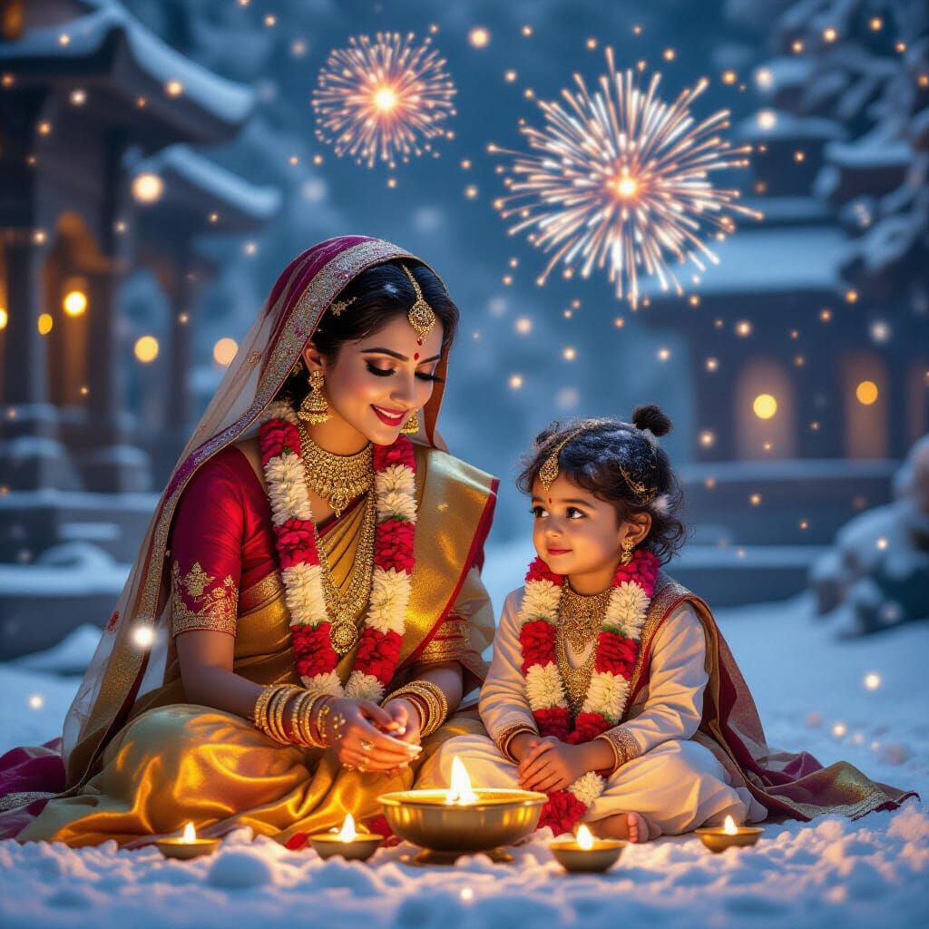 Diwali Celebration in Ancient Temple with Mother and Child