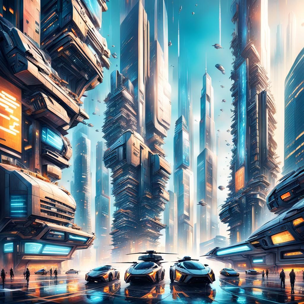 Futuristic Cityscape Concept Art with Flying Vehicles