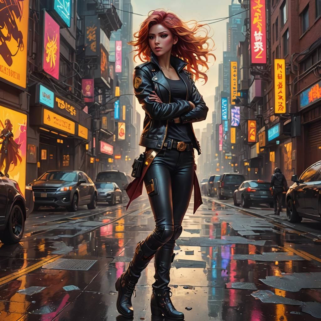 Cyberpunk Portrait of Woman in Leather Jacket