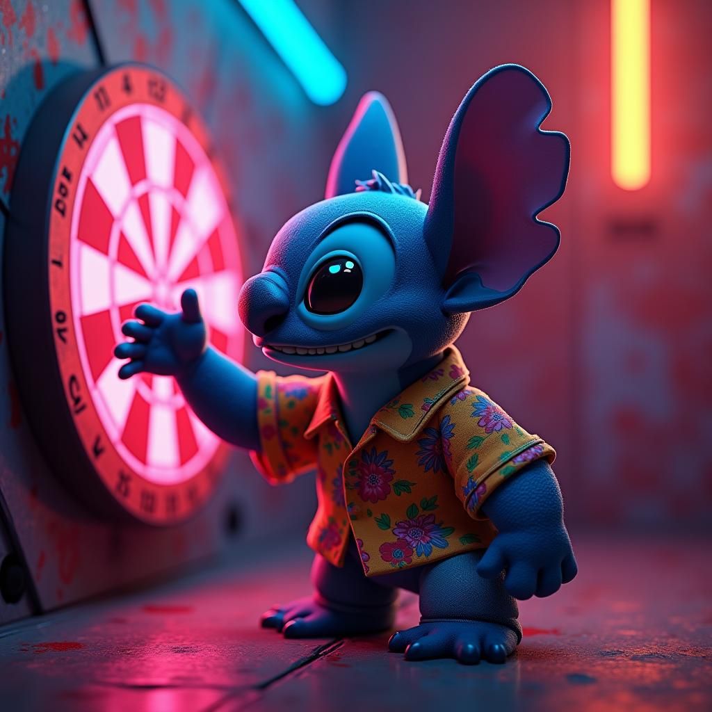 Hyperrealistic Stitch Throws Darts in Neon Light