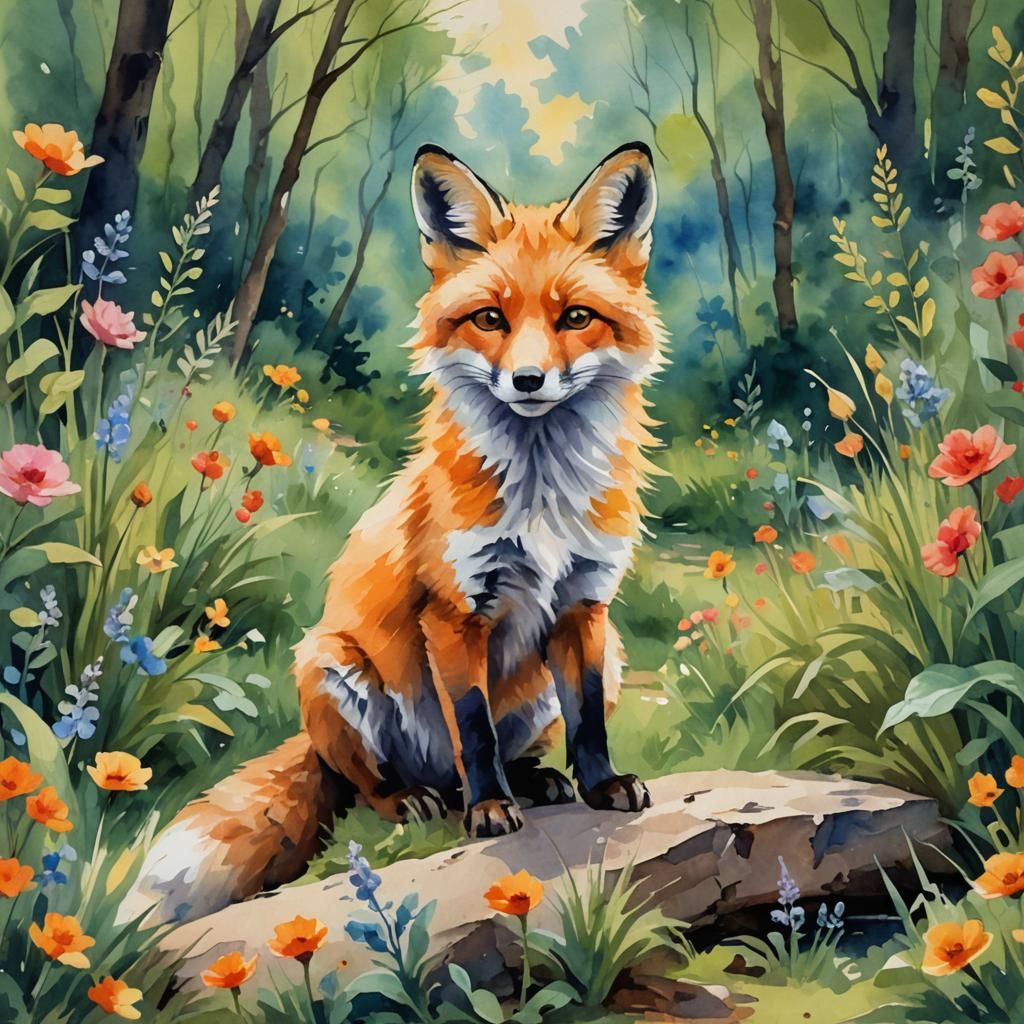 Cute Fox in Gouache Style Watercolor Painting