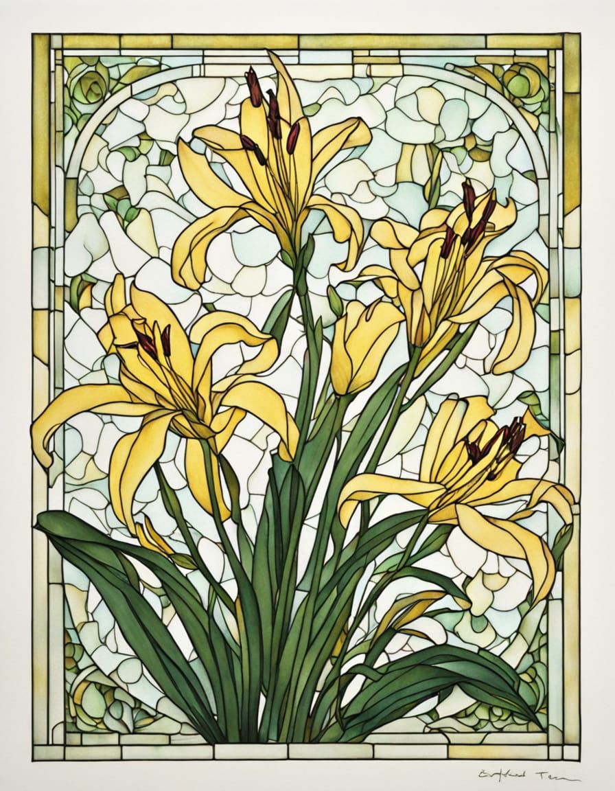 Art Nouveau Lilies in Stained Glass Style