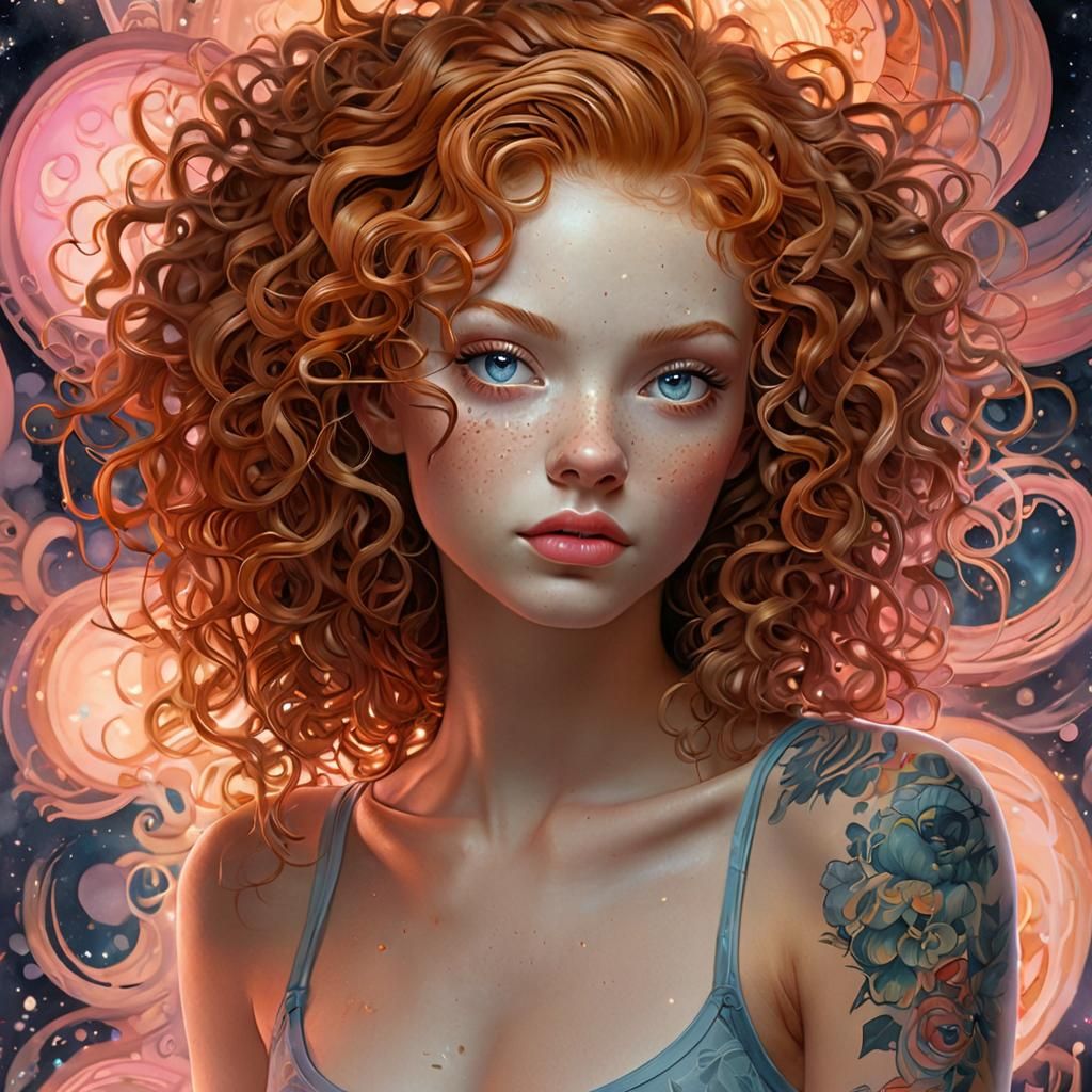 Ginger Woman Dreams of Nebulae in Digital Art Style