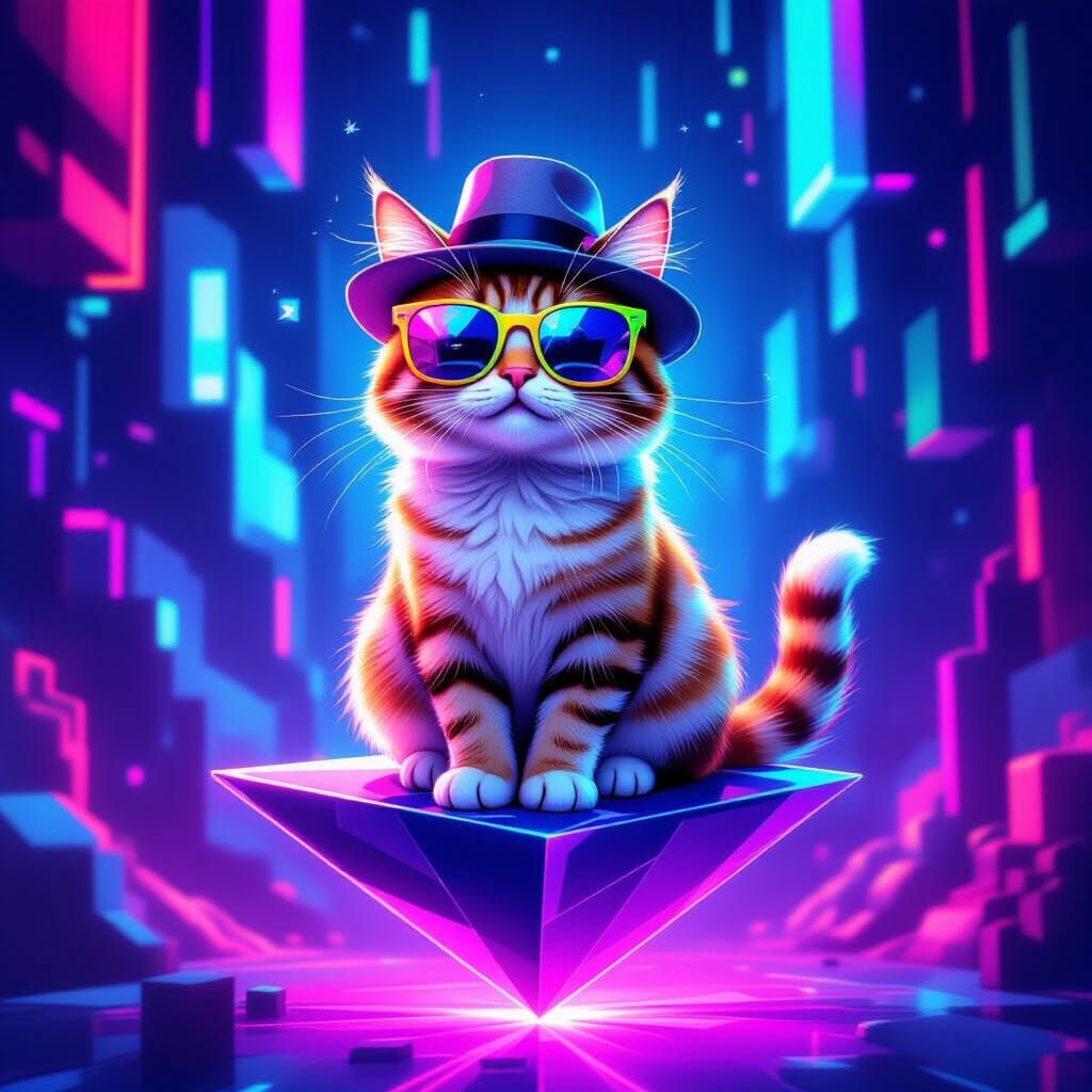 Surreal Cat in Neon Cyberspace Digital Art