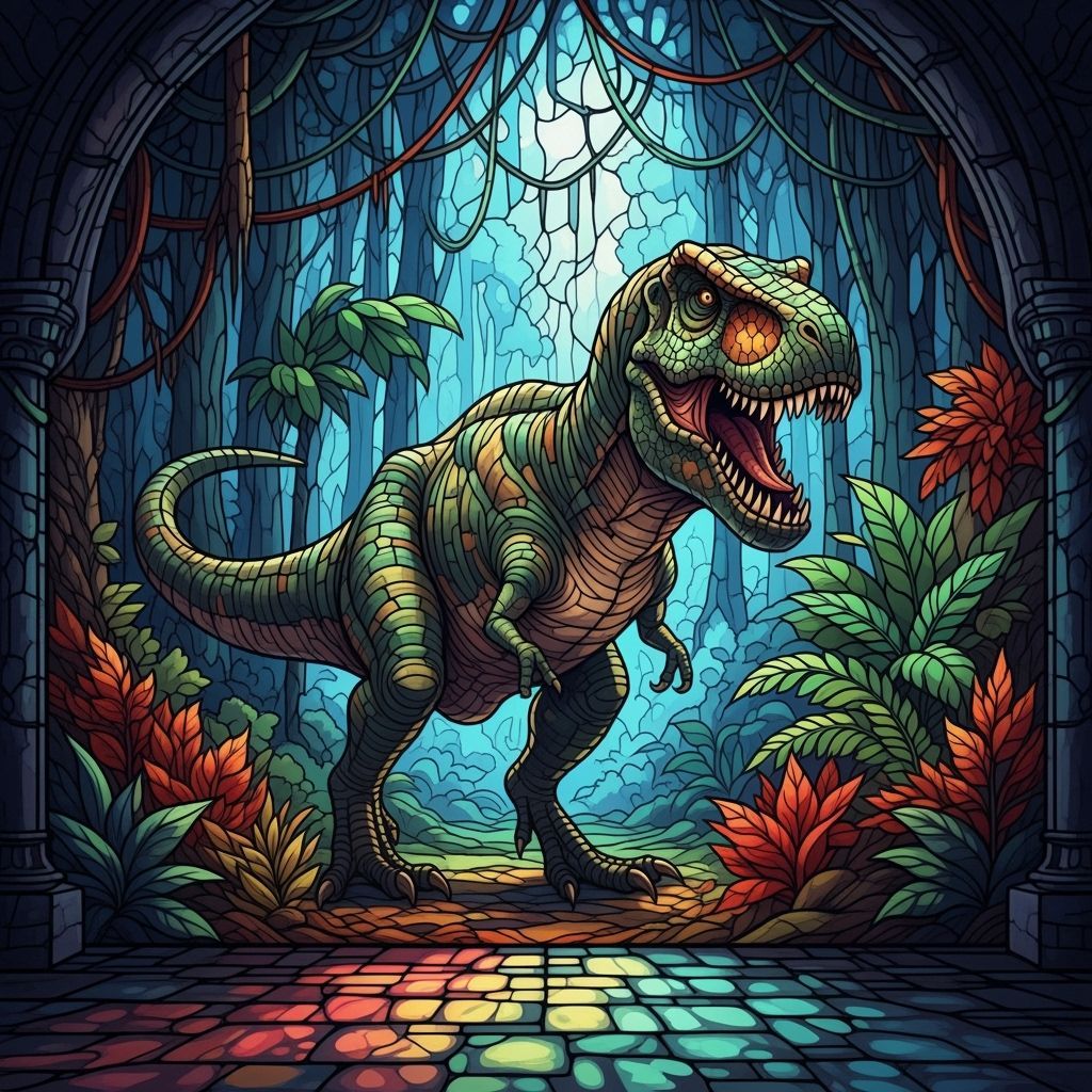 Stained Glass T-Rex in Lush Jungle Scene