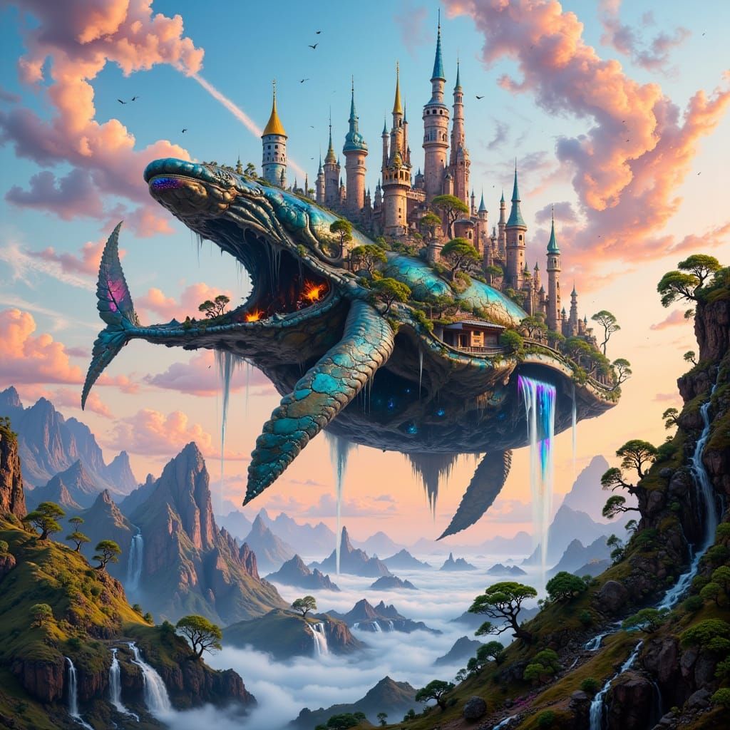 Sky-Whale City at Sunset: Hyperreal Digital Art