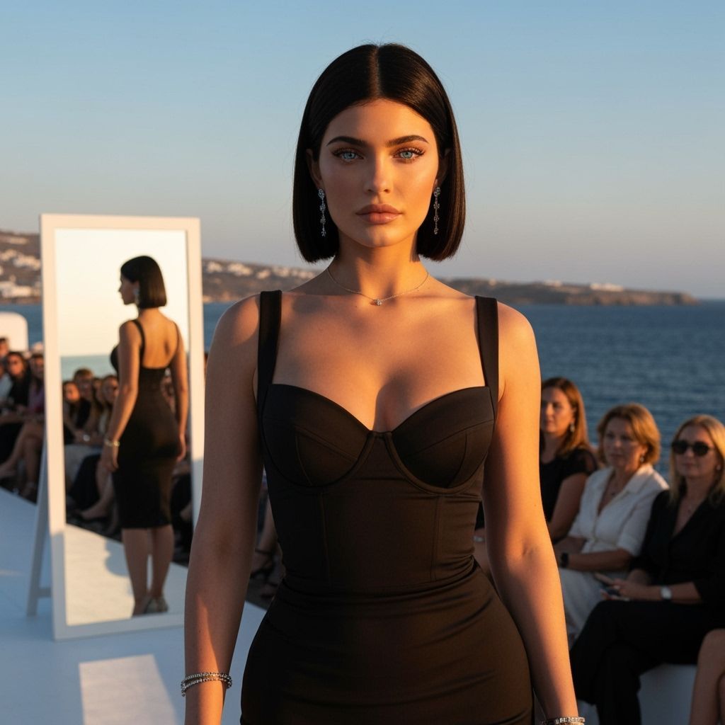 Stunning Woman on Mediterranean Runway at Sunset