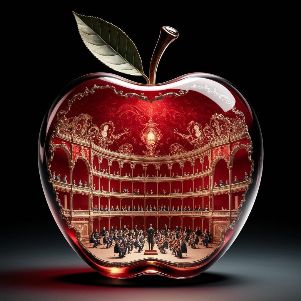 Inside a glass Apple a miniature diorama of Opera House dissection, Orchestra playing, victorian architecture interiorst...