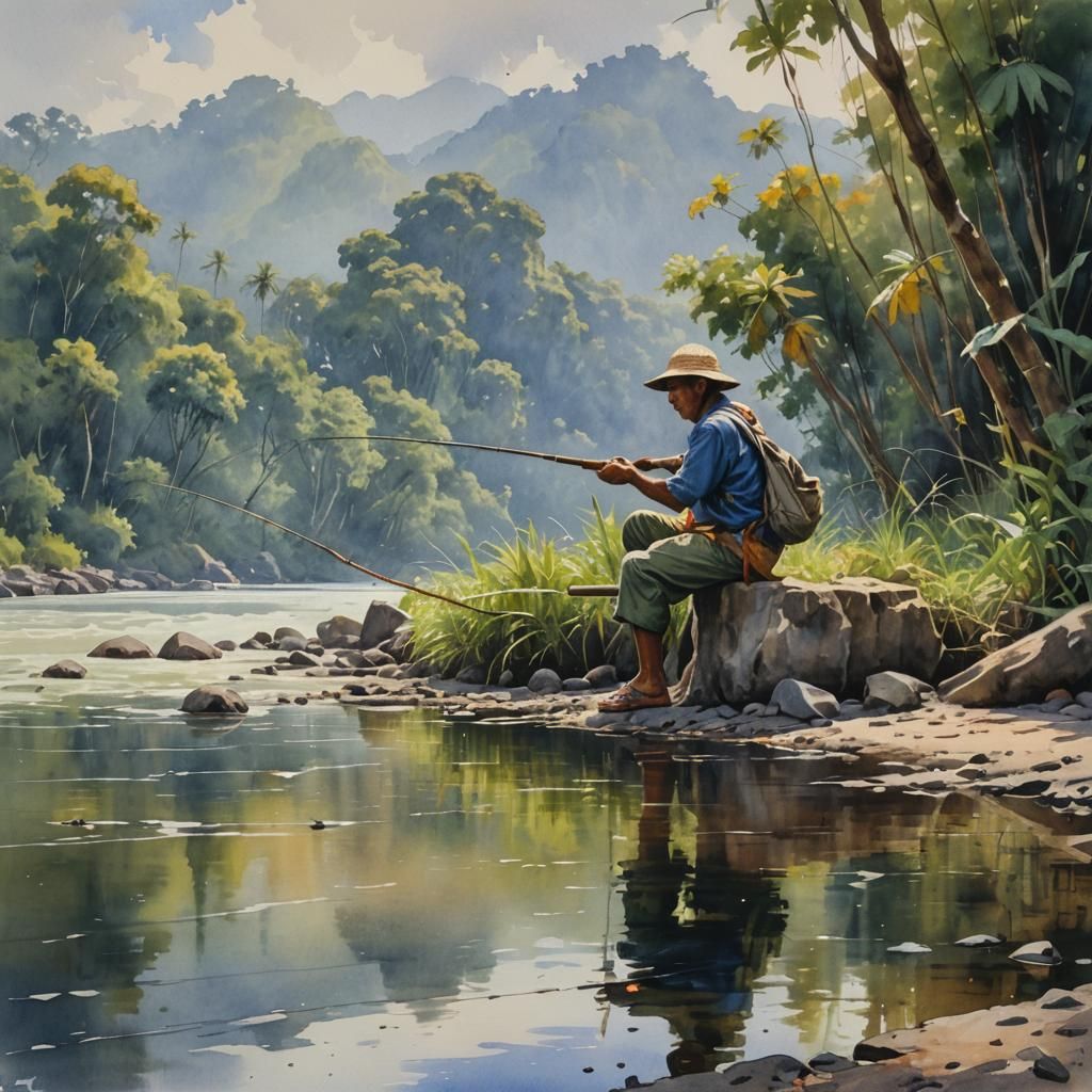 Filipino Fisherman's Watercolor Painting on Riverbank