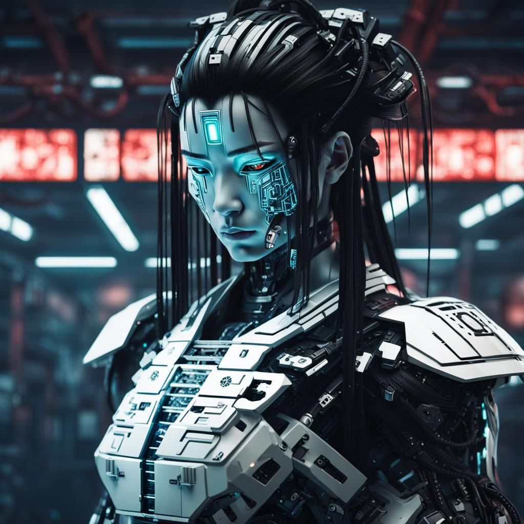 Dark Samurai Android Portrait in Cyberpunk Style