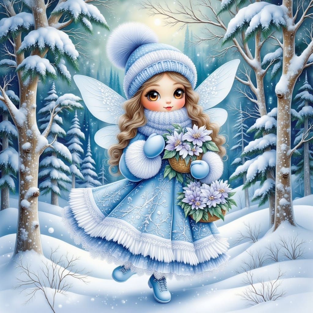 Whimsical Fairy with Pine Cones in Winter Forest