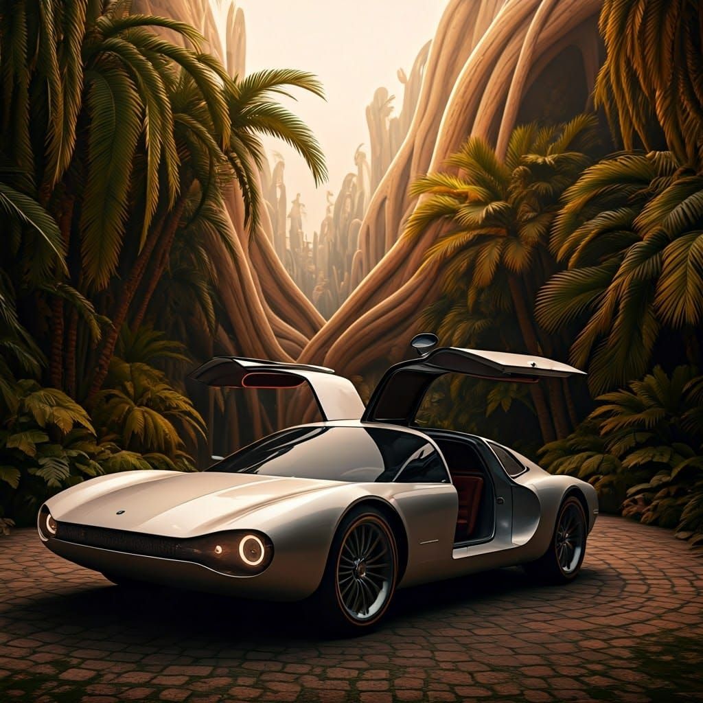 Futuristic Coupe in Gaudi-esque Cityscape