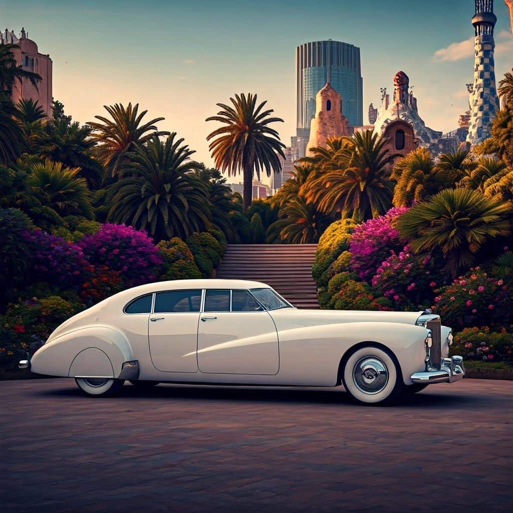 Futuristic Limousine in Gaudí-Inspired Cityscape