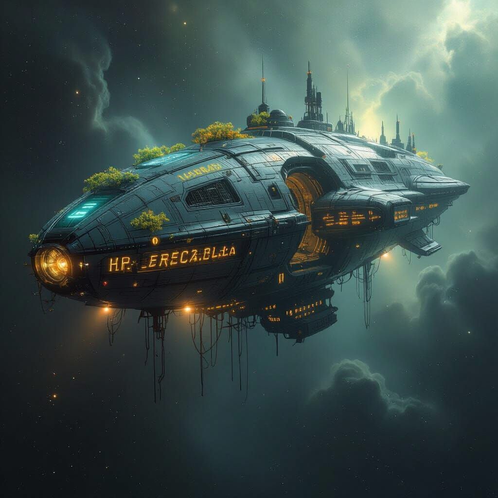 Colossal Biomechanical Spacecraft in Ethereal Nebula