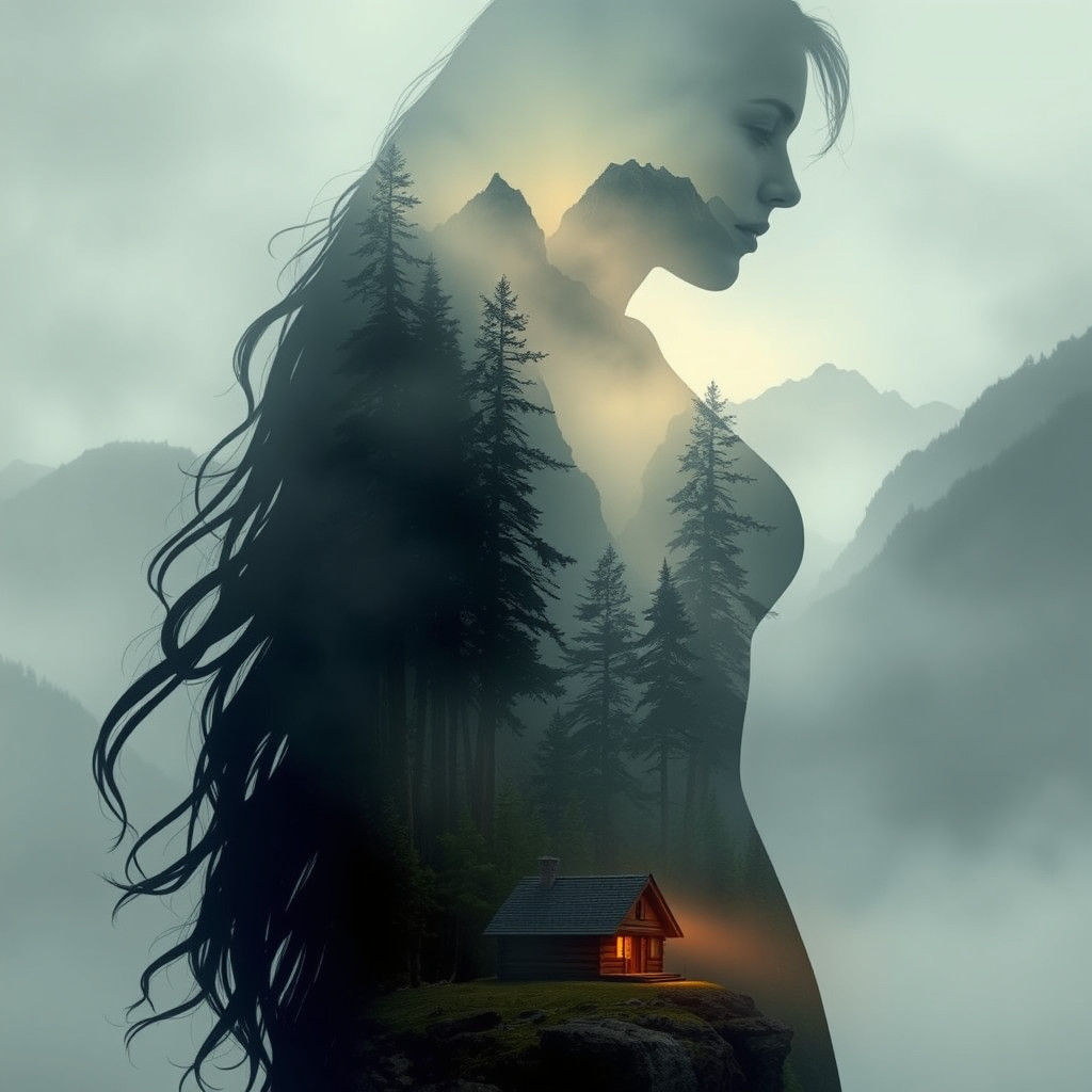 Ethereal Woman Silhouette with Misty Mountain Scene