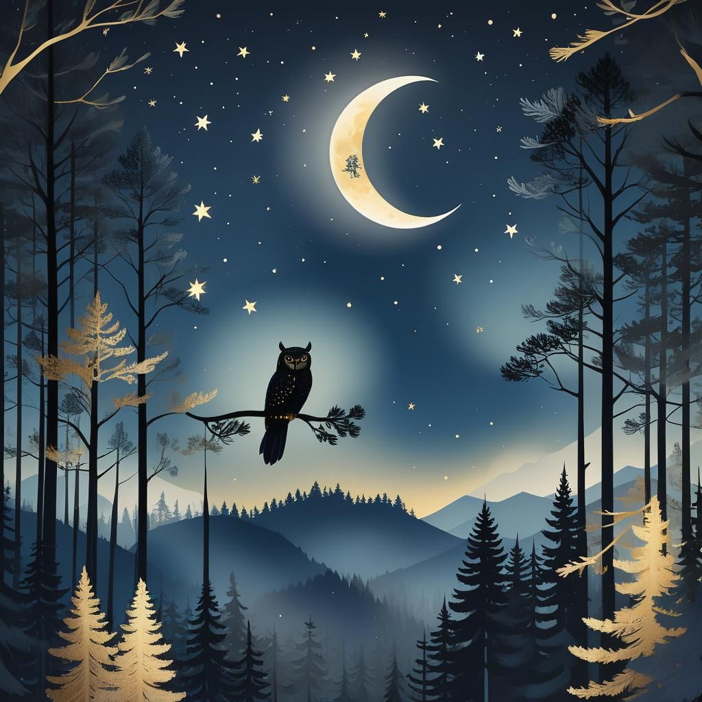 Crescent Moon Over Forest: Minimalist Nocturnal Illustration