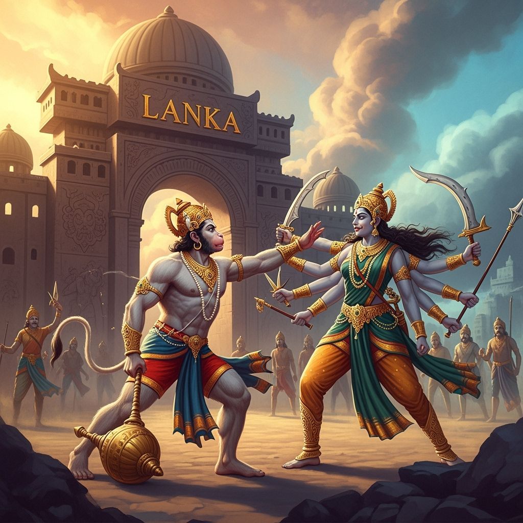 Hanuman and Lankini: Mythological Battle at Lanka's Gate