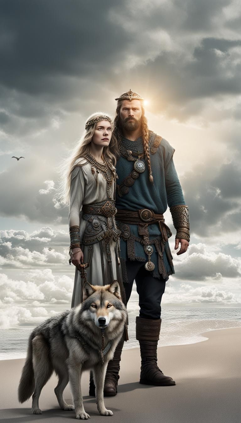 Viking Woman and Wolf on a Beach