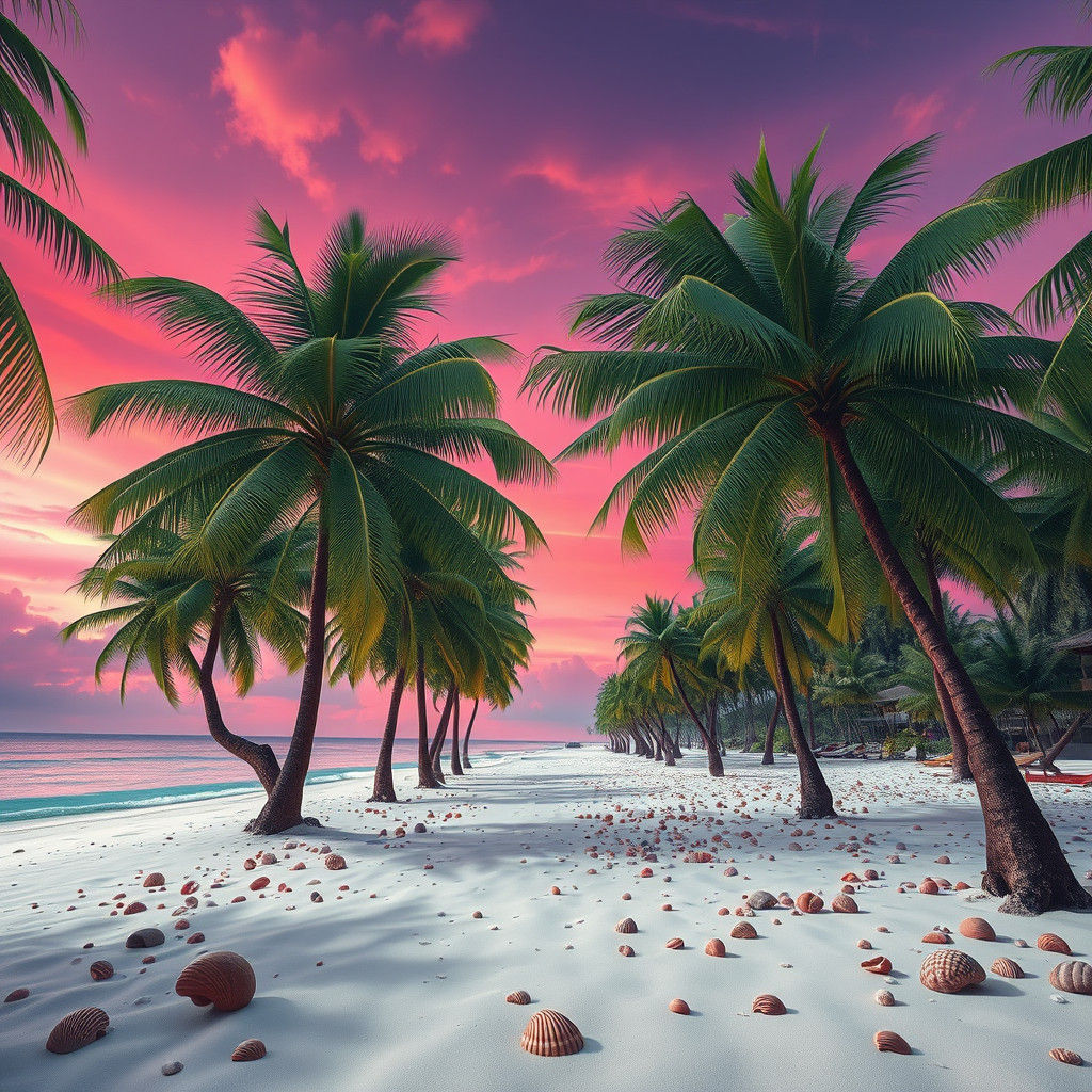 Surreal Beachside Paradise with Vibrant Coconut Trees and Tr...